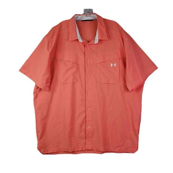Under Armour Shirt Orange Heat Gear Loose Short Sleeve Button Down Men Size 3XL - Picture 2 of 12